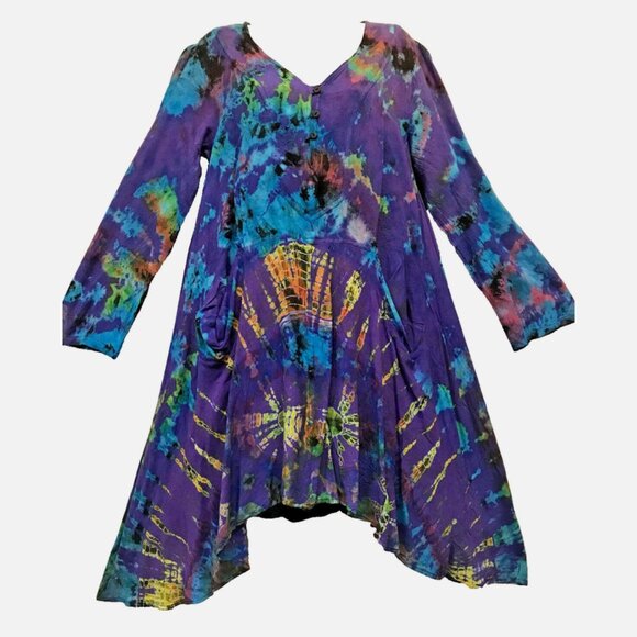SACRED THREADS tie dye mudmee funky hippy rayon sharkbite DRESS S/M - Picture 1 of 4